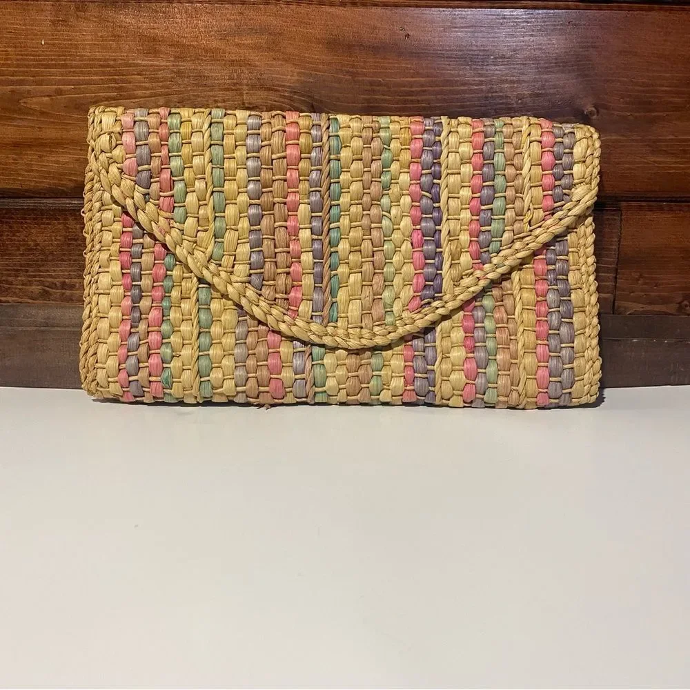 Vintage Straw Chic Flap Beach Boho Summer Multi-Color Striped Clutch Hand Bag